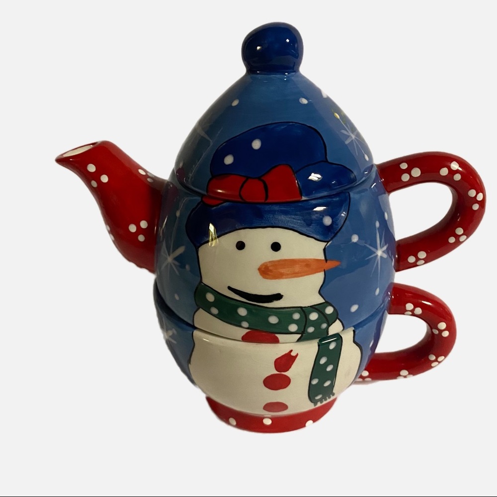Bella Casa by Ganz Holiday Christmas Snowman Ceramic Stackable Teapot For One